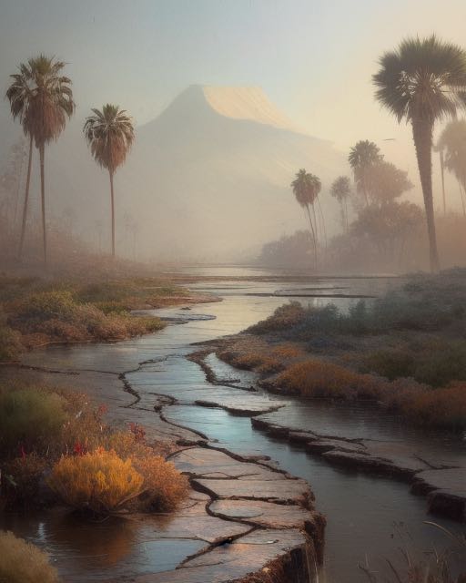 A hot and arid SoCal ecosystem with palm trees along a shallow streambed.
