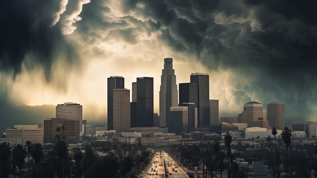 The Los Angeles skyline under storm clouds.