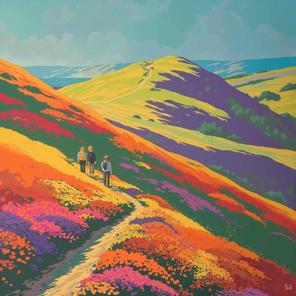 An art deco style illustration of the Southern California Super Bloom showing a variety of flowers in the hills of SoCal.