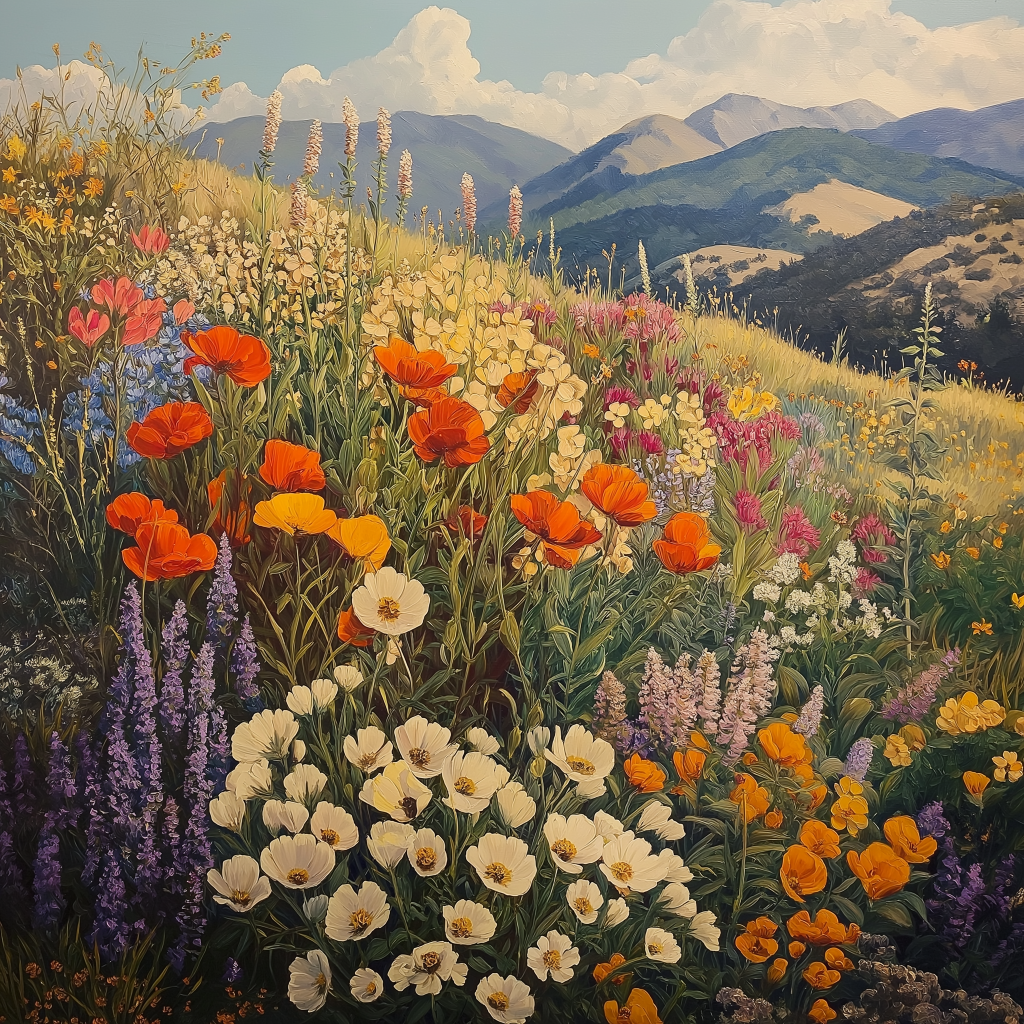 California native plants in bloom on a hillside in April. 